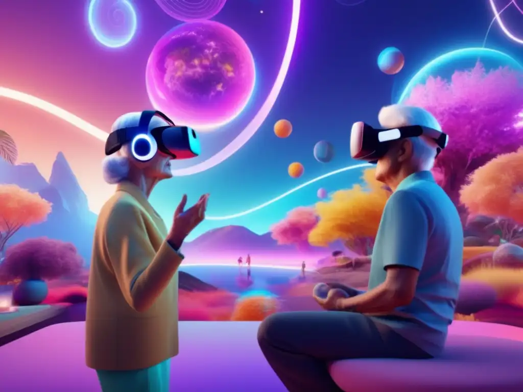 Realidad virtual para el bienestar de la tercera edad Un paisaje futurista de realidad virtual con colores vibrantes y personas mayores experimentando la neuroplasticidad y longevidad humana.