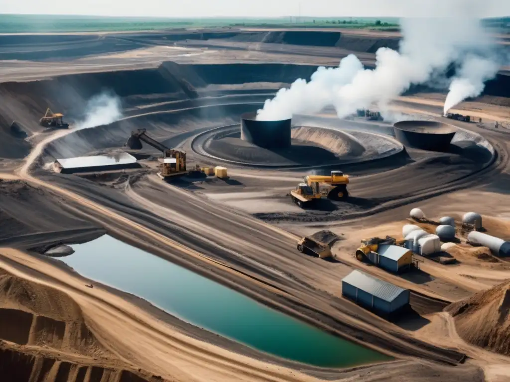 Un paisaje minero detallado muestra impacto de la minería en la salud. <b>Maquinaria pesada, contaminación y efectos en la población local.