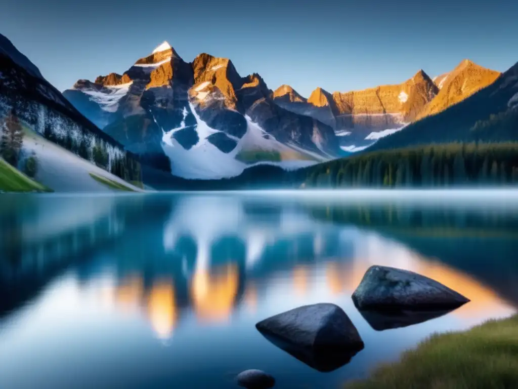 Espejo de montañas nevadas al amanecer