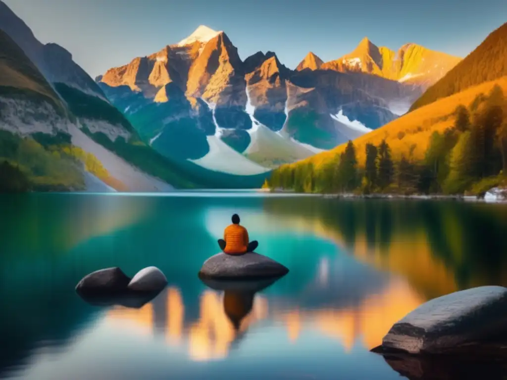 Un paisaje montañoso sereno con lago, árboles verdes y picos nevados. <b>Una figura medita en paz.</b> <b>Beneficios de la meditación para longevidad.