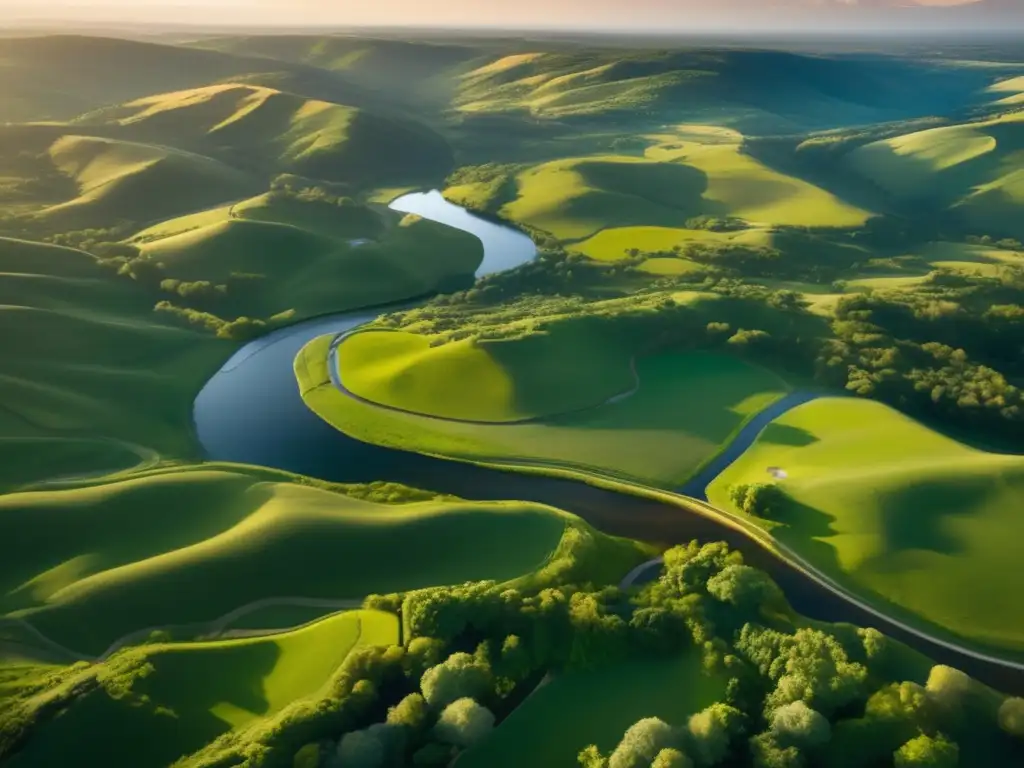 Un paisaje sereno con ríos y colinas, bañado por la cálida luz del atardecer. <b>Estudios Longitudinales Longevidad Geografía.