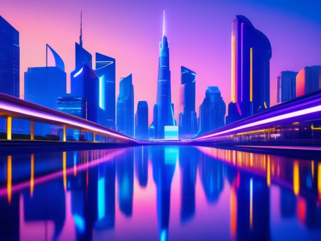 Un paisaje urbano futurista sereno al anochecer, con imponentes edificios iluminados por luces de neón. <b>El reflejo en el río crea un efecto simétrico hipnotizante.</b> La ciudad emana progreso e innovación, con vehículos voladores y una infraestructura de alta