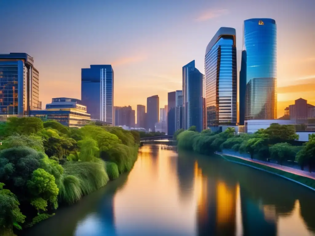 Un paisaje urbano moderno y sereno al atardecer, con edificios altos que reflejan los tonos dorados del cielo. <b>La ciudad bulle de vida, mostrando una mezcla de espacios residenciales y comerciales.</b> La imagen captura la armonía entre el desarrollo urbano y elementos naturales, con