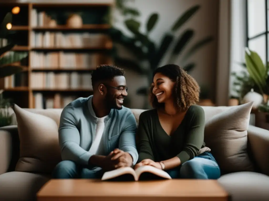 Una pareja se sienta en un acogedor sofá, mirándose con sonrisas genuinas. <b>La habitación rebosa luz natural cálida, plantas y arte, creando armonía y tranquilidad.</b> <b>Rodeados de libros y cuadernos, se percibe un entorno de aprendizaje y crecimiento.</b> La