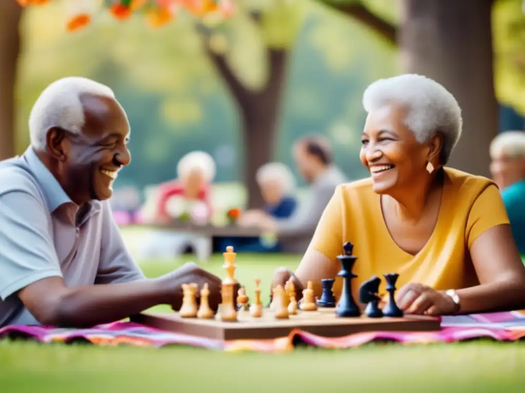 'Pareja de ancianos sonrientes en un parque vibrante, rodeados de diversidad social. <b>Efecto de la integración social en adultos mayores.'