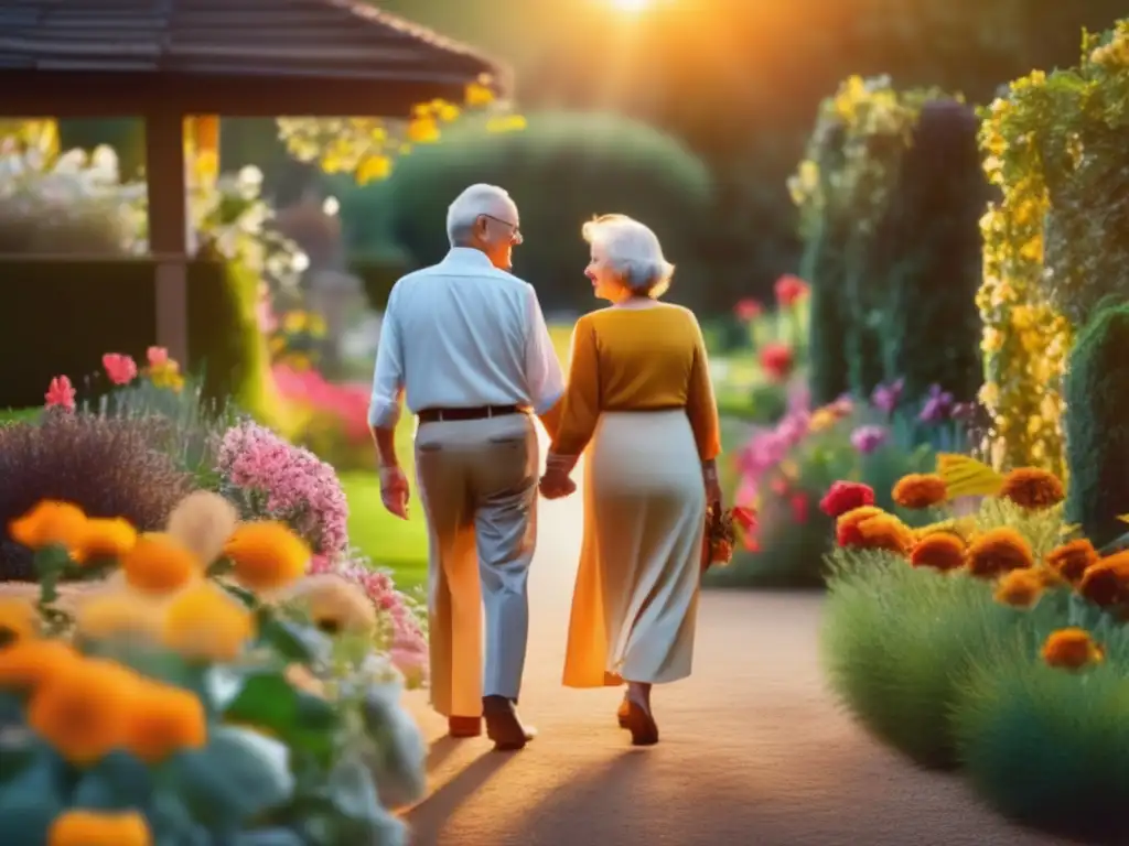 'Pareja de ancianos caminando tomados de la mano en un jardín sereno al atardecer, reflejando la influencia del matrimonio en longevidad.'