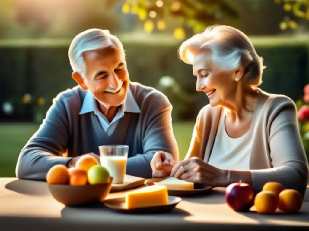 Una pareja de ancianos disfrutando de la tranquilidad en su jardín, con un vaso de leche y una tabla de quesos y frutas. <b>Influencia de los lácteos en longevidad.