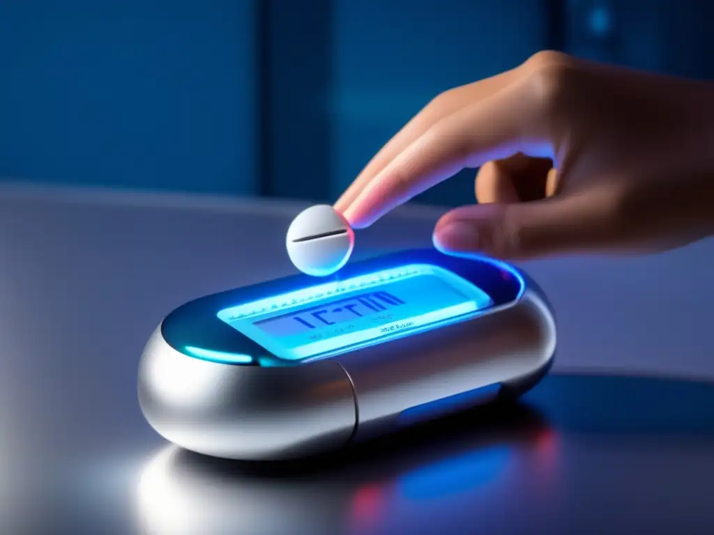Una pastilla de metformina descansa en un dispensador futurista plateado con pantalla digital, emanando una luz azul suave. <b>Estética moderna y tecnología puntera para prolongar vida humana.