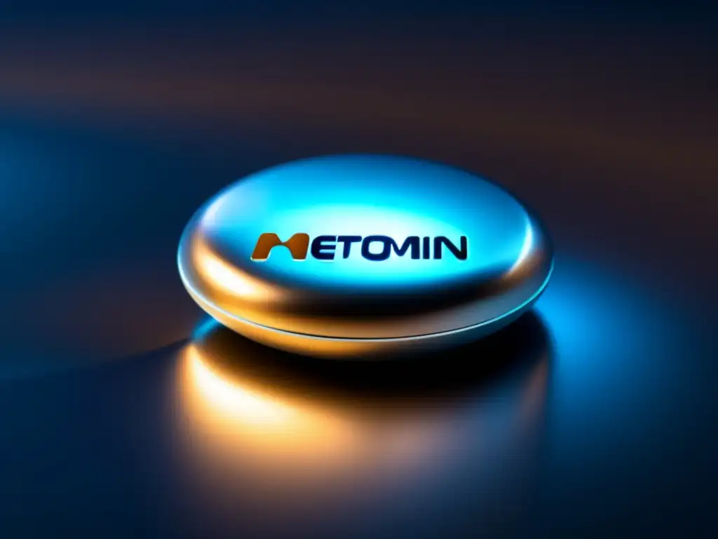 Píldora de metformina: pureza farmacéutica en alta definición Una pastilla de metformina reposa sobre una superficie metálica futurista, resaltando su pureza farmacéutica.