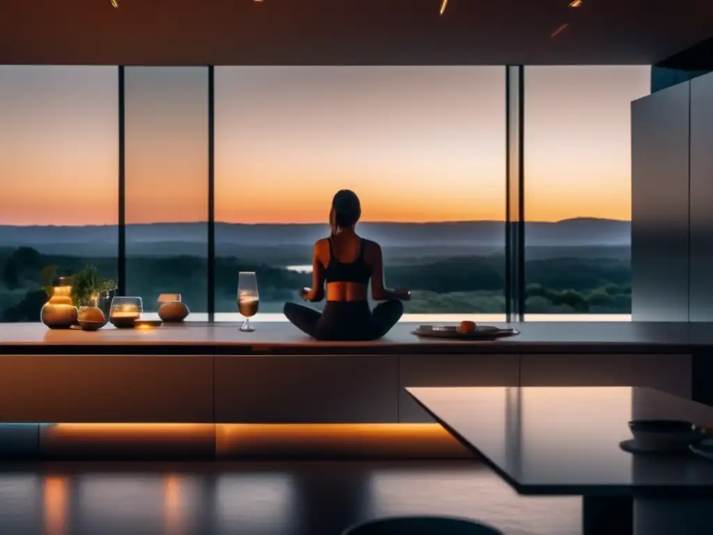 Una persona practica el ayuno intermitente en una cocina minimalista, con luz suave y mirando un atardecer. Ayuno intermitente longevidad mitos