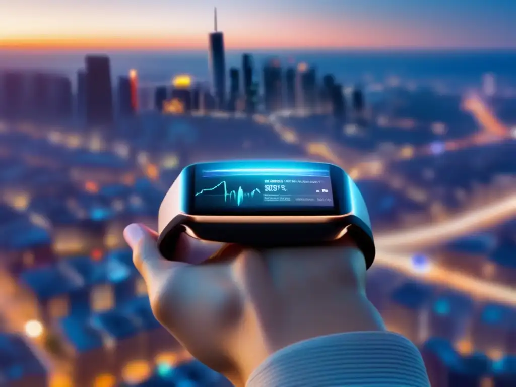Una persona con un dispositivo vestible futurista proyectando datos de salud en una ciudad. <b>Tecnologías vestibles para longevidad saludable.