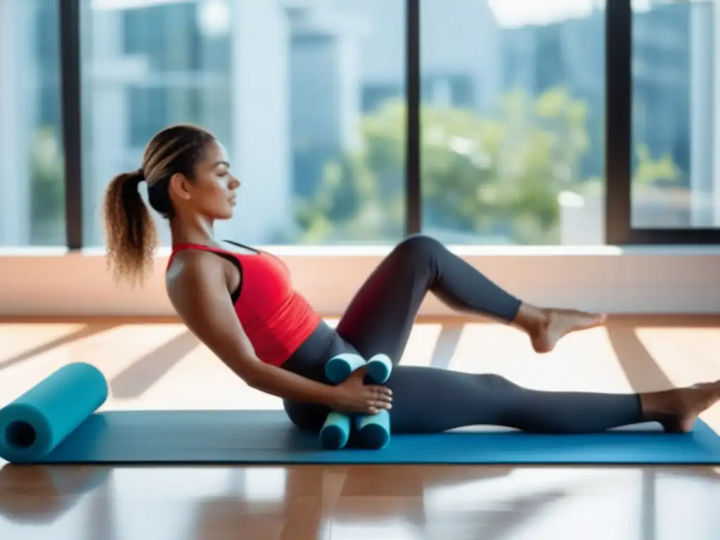 Una persona realiza ejercicios de movilización de la columna torácica en un estudio de fitness luminoso, con un rodillo de espuma. Recuperación muscular con rodillos de espuma