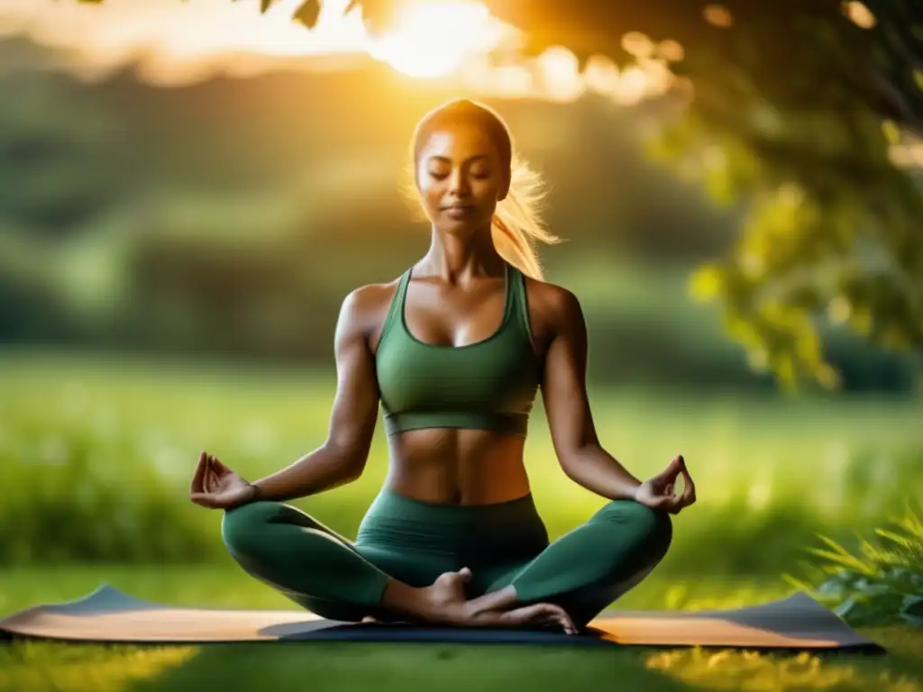 Una persona practica yoga en un entorno natural sereno, con la luz dorada creando un ambiente cálido. <b>La pose refleja tranquilidad y paz interior, mostrando la armonía entre el cuerpo humano y la naturaleza.</b> Los colores vibrantes y la nitidez evocan una profunda sensación de calma y bienestar