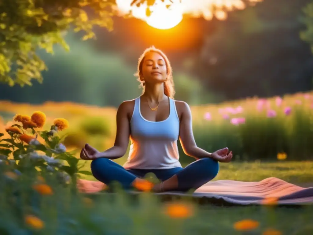 Una persona medita en un entorno natural tranquilo al atardecer, transmitiendo paz y serenidad. <b>Mindfulness para prevenir enfermedades cardíacas.