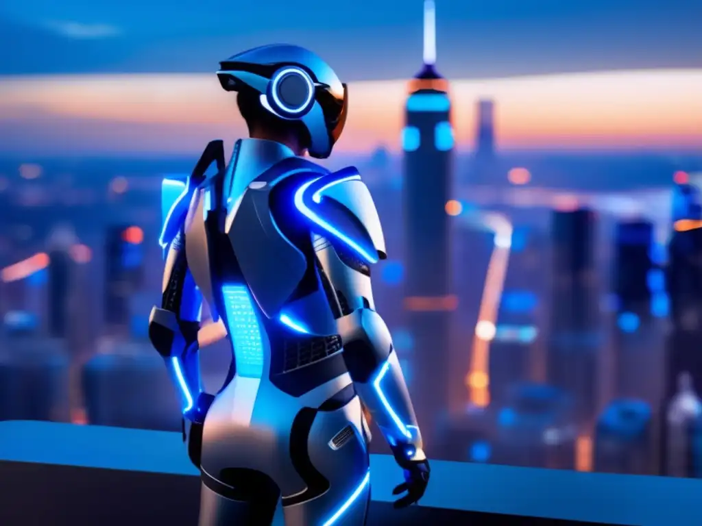 Una persona con un exoesqueleto futurista, mostrando confianza y fortaleza, con la ciudad en el fondo. <b>Beneficios del uso de exoesqueletos.