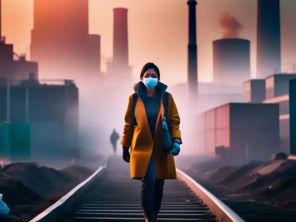 Una persona con mascarilla y guantes camina entre smog y edificios industriales, mostrando el impacto de la contaminación ambiental en la salud.