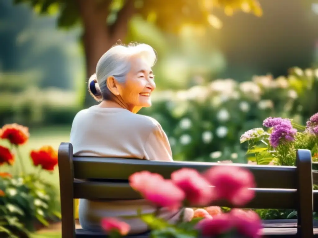 Una persona mayor sonríe serenamente en un banco rodeado de exuberante vegetación y flores coloridas, irradiando paz y gratitud. Transmite la belleza de envejecer con gracia y la esperanza de una vida larga y plena mediante la edición genética CRISPR para la longevidad hum