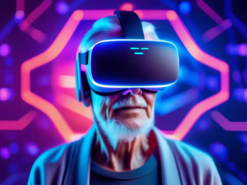 Una persona mayor disfruta de un casco de realidad virtual en un entorno futurista con equipo de biohacking avanzado y patrones neuronales brillantes. La escena refleja innovación y longevidad con tecnologías emergentes.