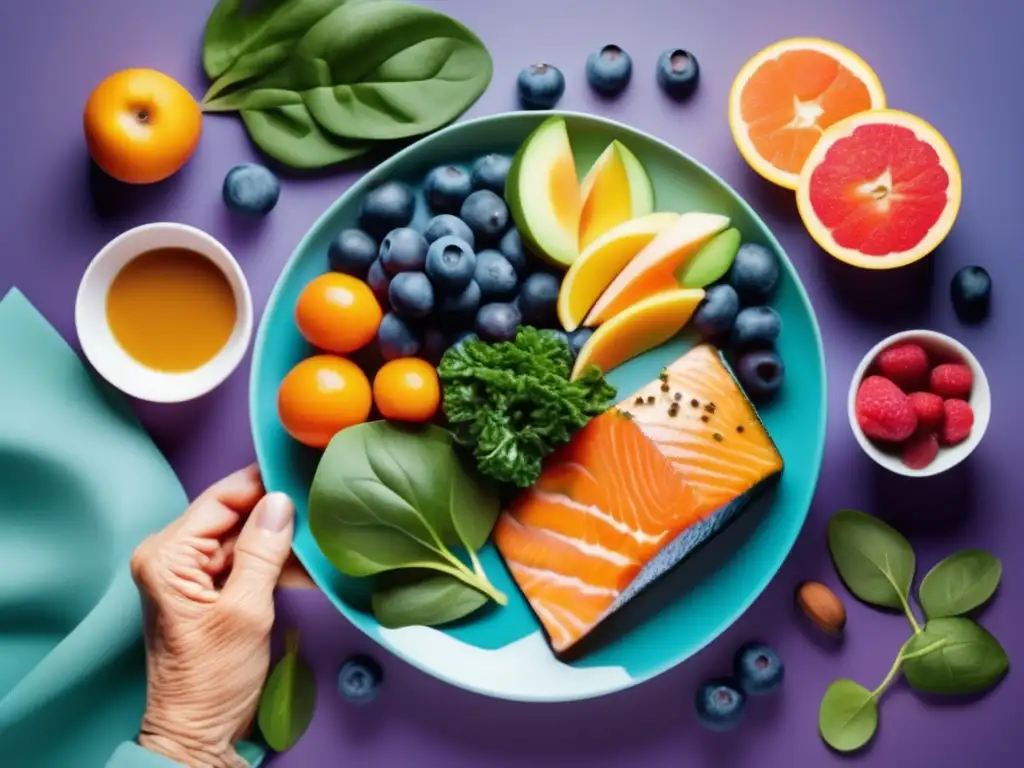 Una persona mayor disfruta de un plato colorido con alimentos clave para mente ágil, rodeado de frutas y verduras frescas.