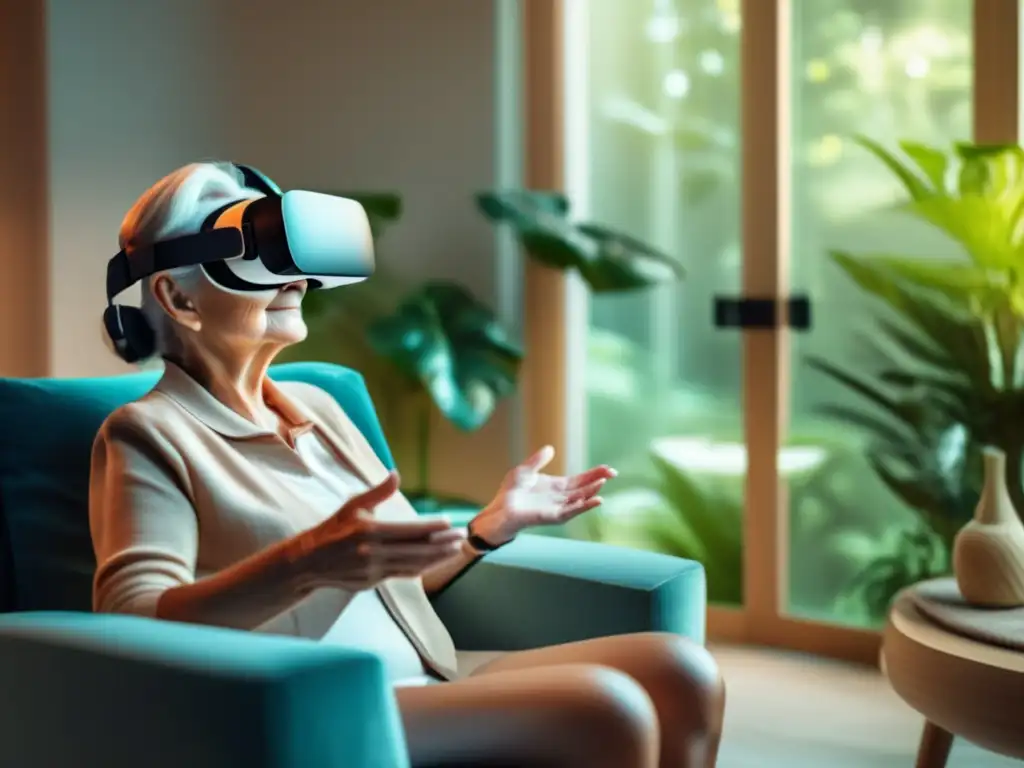 Realidad virtual para adultos mayores: Serenidad natural 'Persona mayor disfruta de realidad virtual para mejorar calidad vida mayores en entorno sereno y futurista'