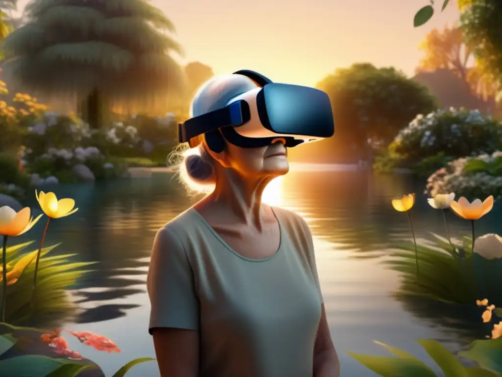 'Persona mayor disfruta de realidad virtual para combatir insomnio en jardín tranquilo al atardecer'