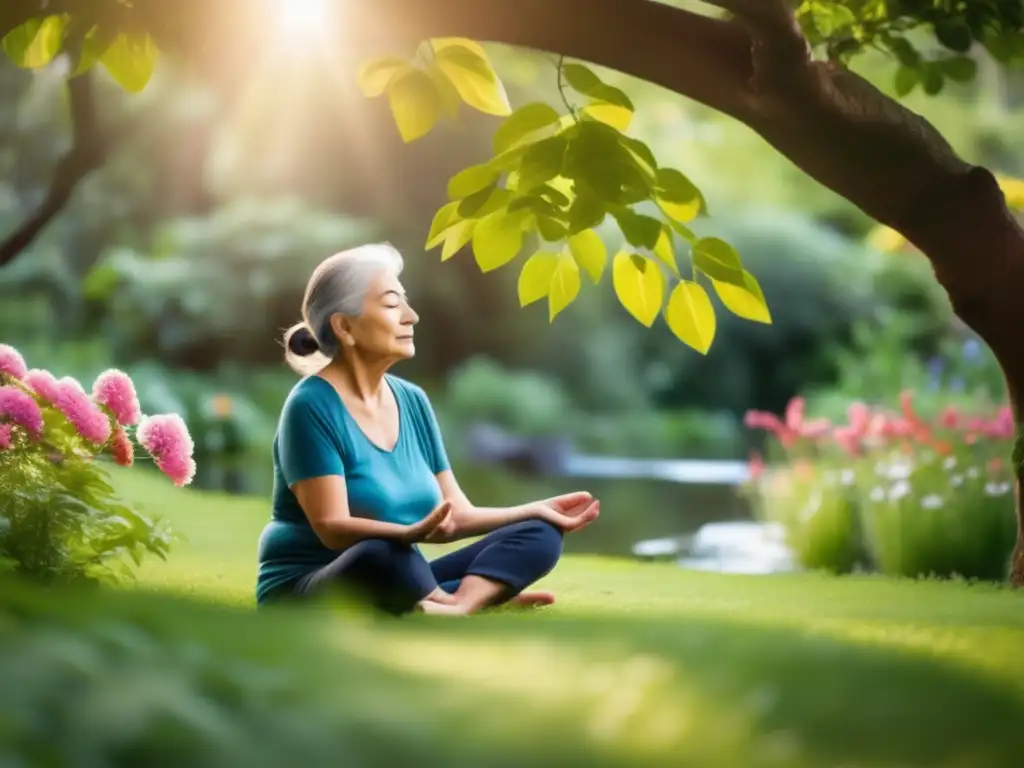 Una persona mayor practicando meditación consciente en un jardín exuberante, rodeada de naturaleza y paz. <b>Beneficios del mindfulness para longevidad.