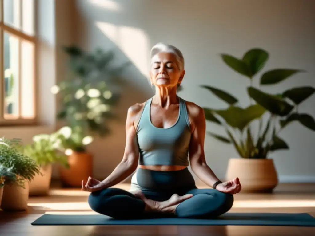 Una persona mayor practica yoga en un estudio sereno, rodeada de plantas. <b>Expresa calma y mindfulness.</b> La atmósfera es moderna y serena, resaltando las terapias alternativas para la salud mental en la tercera edad.