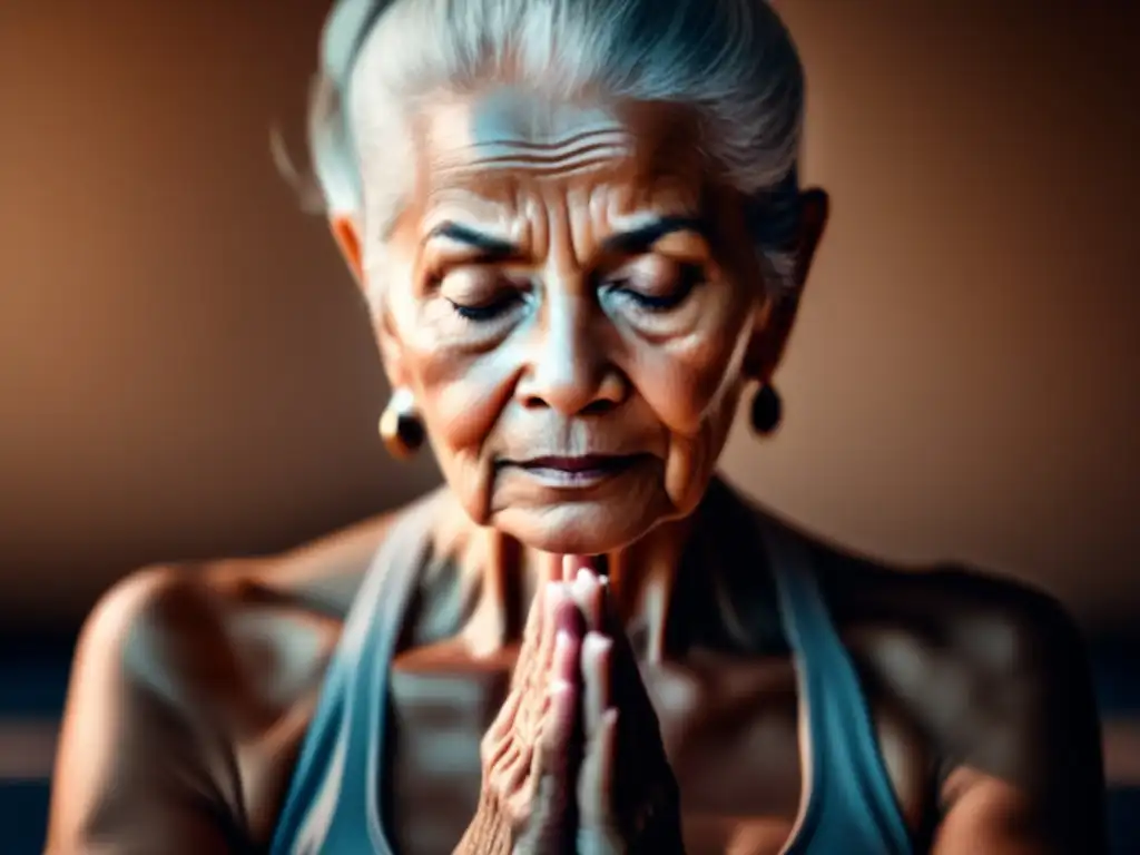 Una persona mayor practica yoga con serenidad en un estudio luminoso. <b>Detalles faciales y textura de la piel se aprecian claramente.</b> <b>Envejecimiento activo y saludable.