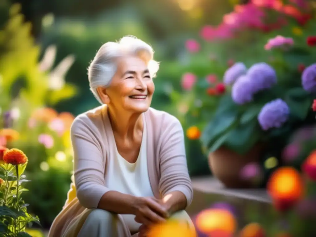 Una persona mayor serena y sonriente en un jardín soleado rodeada de flores, transmitiendo sabiduría y tranquilidad. <b>Significado en vida prolongada.