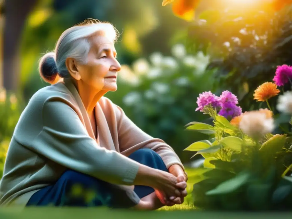 'Persona mayor disfrutando de la serenidad del jardín, rodeada de flores vibrantes y vegetación exuberante, en un momento de reflexión y conexión espiritual. <b>Importancia de espiritualidad en envejecimiento.'