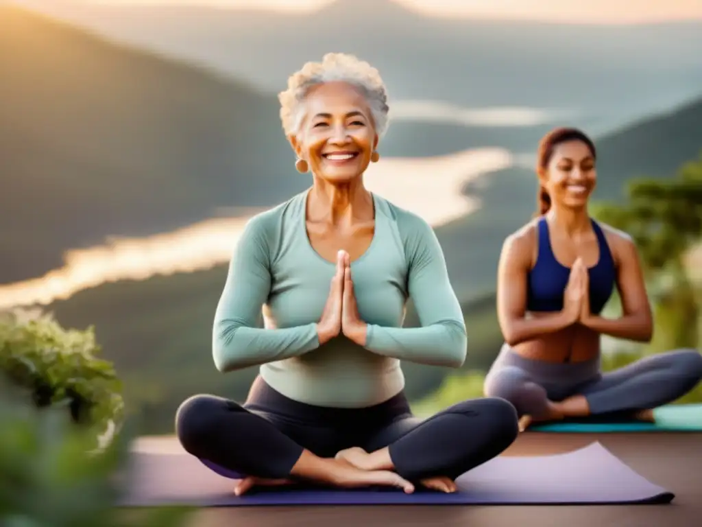 'Persona mayor sonriente practicando yoga al amanecer en la montaña, rodeada de naturaleza, transmitiendo vitalidad y paz. <b>Estilo de vida para longevidad saludable.'