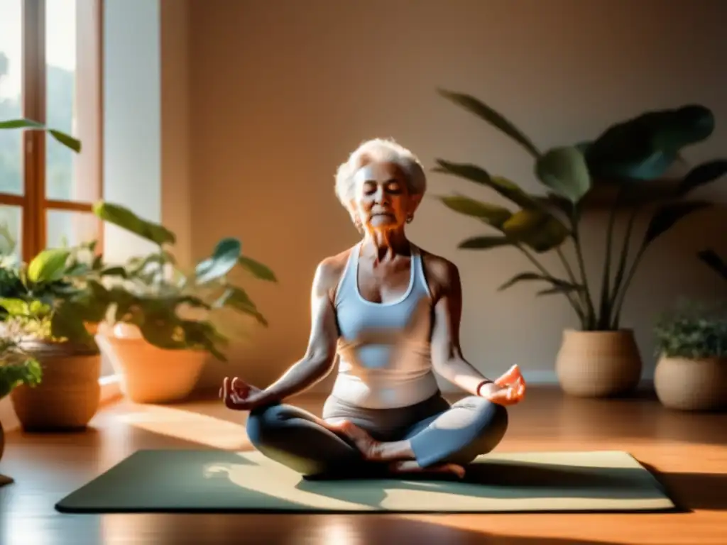 'Persona mayor practicando yoga en un ambiente sereno y luminoso, promoviendo la longevidad saludable y la tranquilidad mental.'