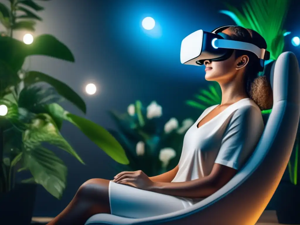 Una persona experimenta paz en una terapia de regresión con realidad virtual en un entorno futurista y sereno con vegetación exuberante y arroyos brillantes.