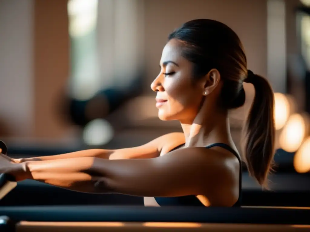 Una persona realiza una postura perfecta en un estudio de Pilates para longevidad saludable, con expresión serena y músculos definidos.