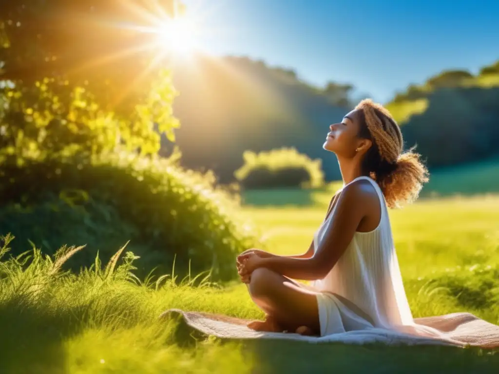 Vitalidad dorada: persona relajada bajo el sol en la naturaleza exuberante