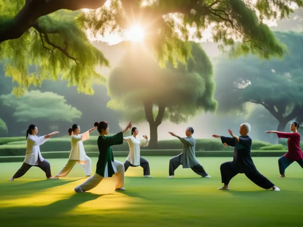 Personas practicando Tai Chi en un parque verde y sereno al amanecer, transmitiendo paz y equilibrio. <b>Beneficios Qi Gong y Tai Chi.