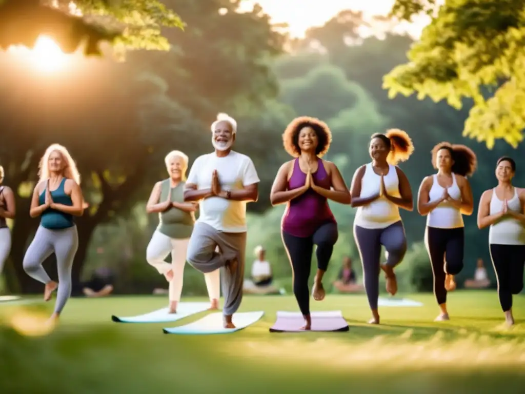 Personas de todas las edades practican yoga, Pilates y caminan en un parque verde al atardecer. <b>Expresan paz y bienestar.</b> <b>Ejercicios de bajo impacto longevidad.