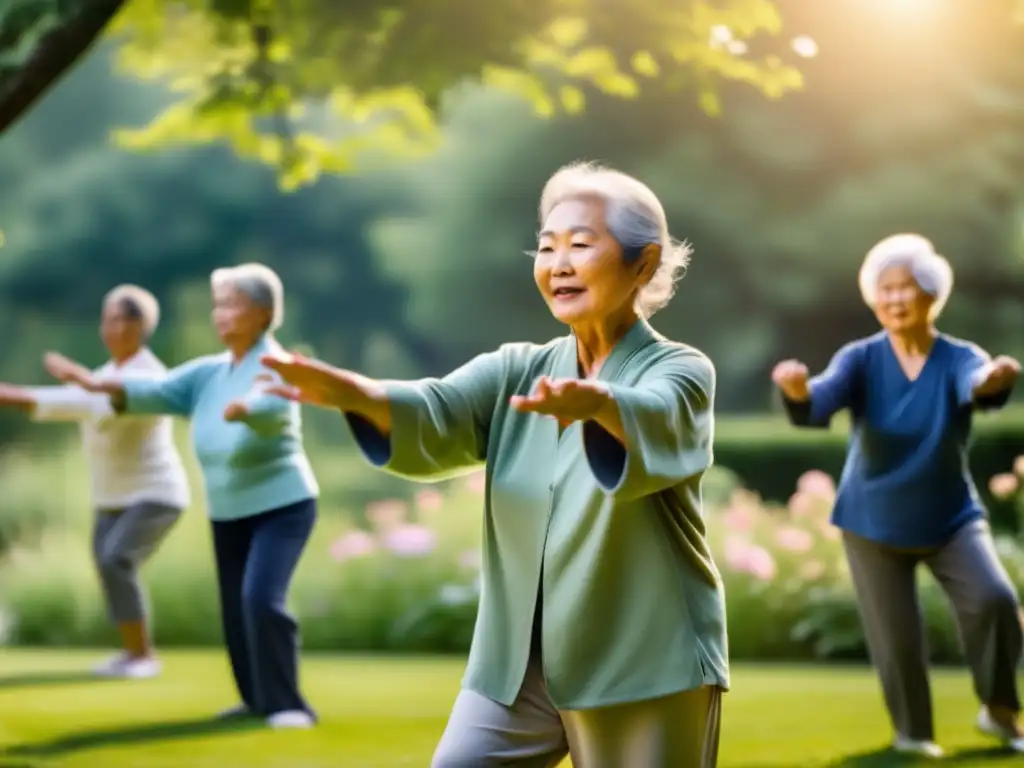 Personas mayores practicando tai chi en un parque sereno y soleado, expresando calma y adaptabilidad. <b>Vejez resiliente adaptarse cambios vida.