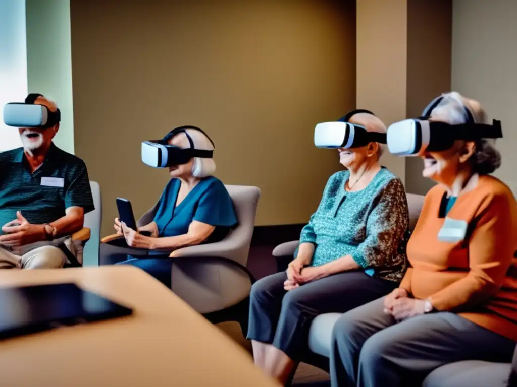 'Personas mayores disfrutan de terapia de realidad virtual en un entorno tecnológico avanzado, destacando la innovación en geriatría ética.'