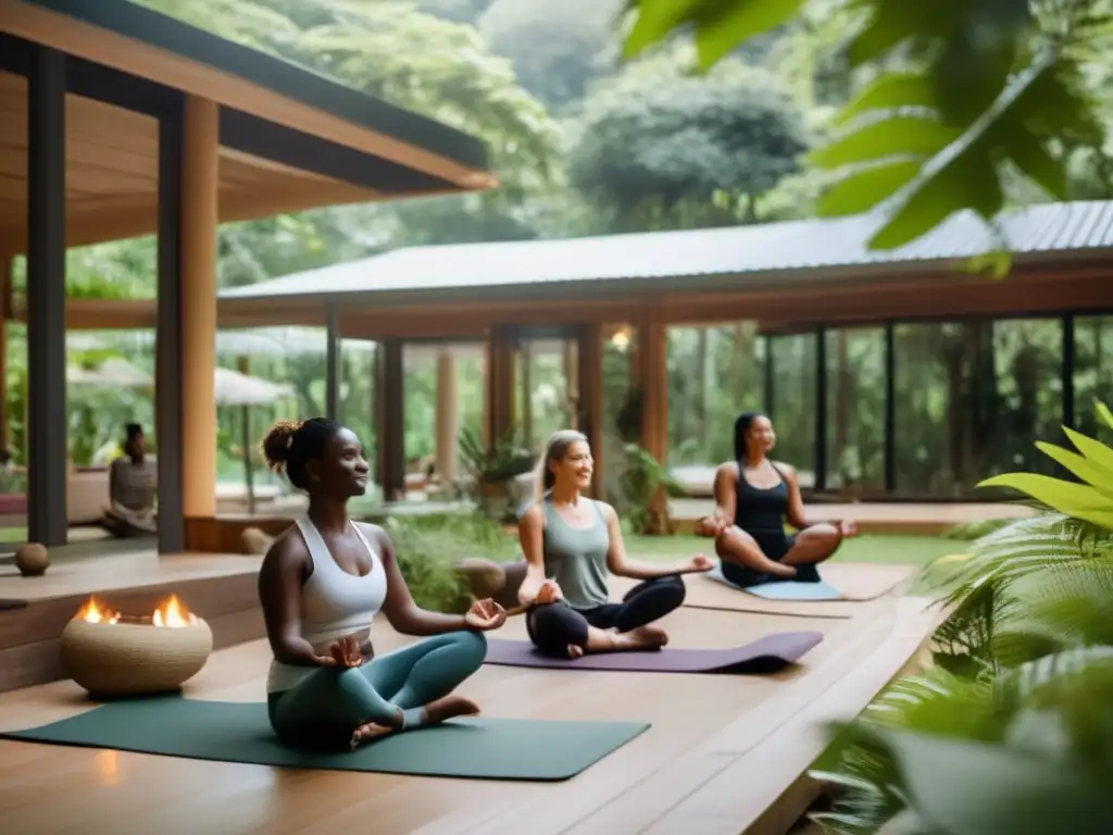 Diversas personas participan en un retiro de bienestar rodeadas de naturaleza exuberante, practicando yoga, meditación y caminatas. El ambiente transmite armonía y bienestar, en un lugar moderno con arquitectura sostenible. Viajes inspirados en zonas azules.