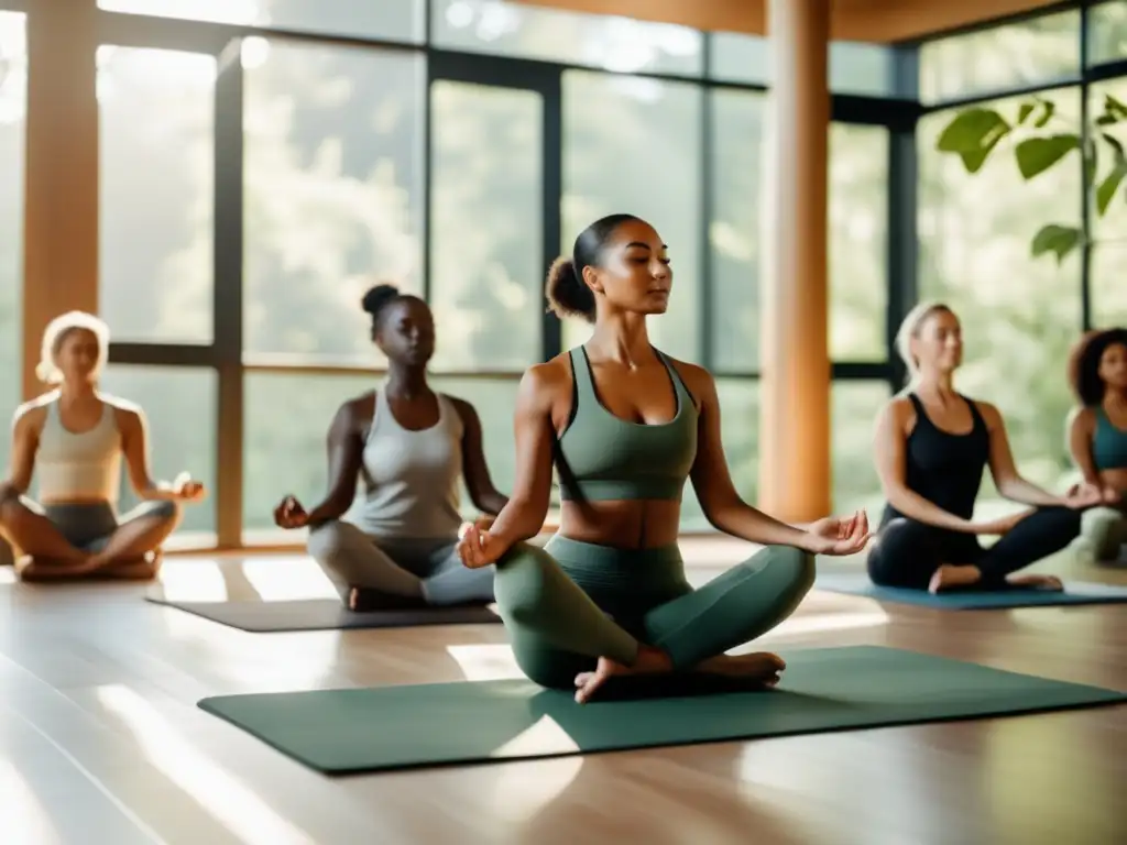 Personas practicando yoga y meditación en un espacio sereno con vistas a un bosque. <b>Retiros de ayuno y desintoxicación para longevidad.