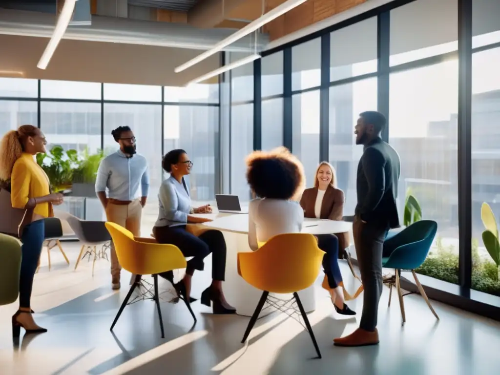 Profesionales diversos colaborando en un moderno espacio de oficina, reflejando la inclusión y el compromiso con los retos éticos de la longevidad en la vida laboral.