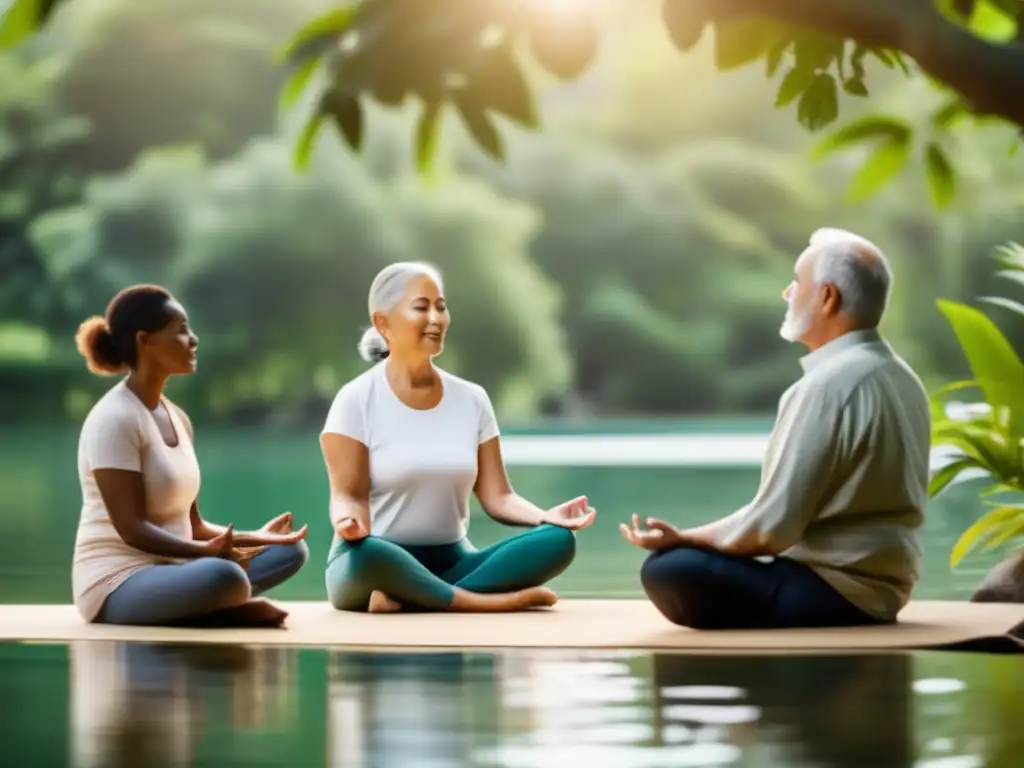 Profesionales lideran sesión de mindfulness y meditación en entorno natural, brindando apoyo a adultos mayores. <b>Importancia acompañamiento profesional retiros longevidad se destaca en la escena serena.