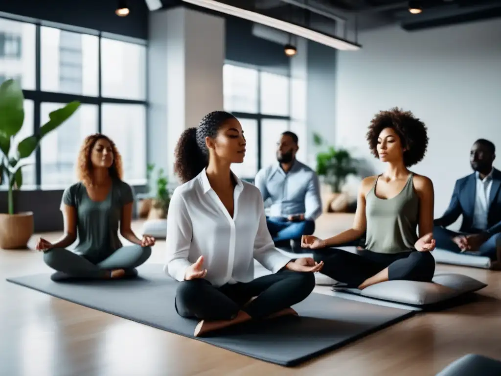 Profesionales en oficina moderna participan en sesión de mindfulness, con expresiones serenas. <b>Programas de bienestar para reducir estrés tecnológico.