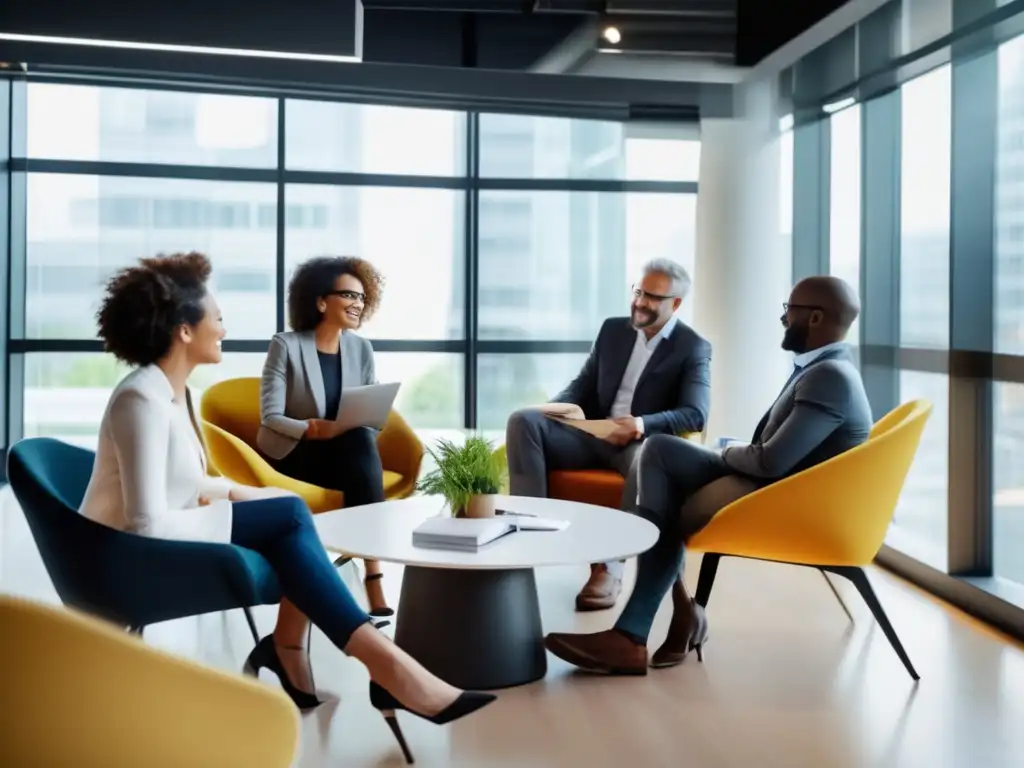 Profesionales diversos colaborando en una reunión de equipo en una oficina moderna. <b>Influencia del trabajo en longevidad.