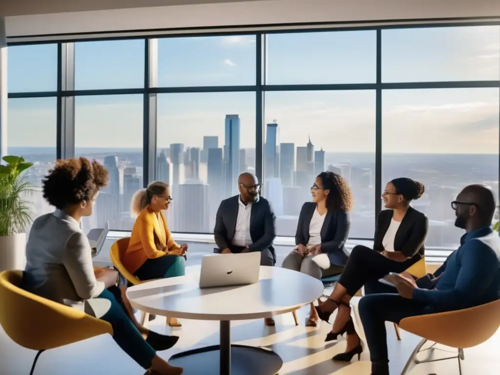 Profesionales diversos colaboran en un taller dinámico, gestión carrera profesional longevidad saludable, rodeados de tecnología y mobiliario moderno en una oficina luminosa con vista a la ciudad.