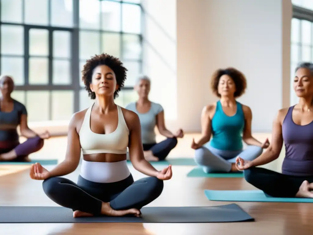 Profesionales practican yoga en estudio luminoso con plantas, transmitiendo serenidad. <b>Ideal para programas de bienestar para longevidad laboral.