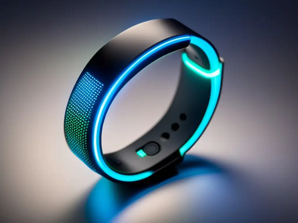 Una pulsera de actividad para longevidad, con luces LED azules y verdes brillantes sobre un diseño futurista y una ciudad avanzada.