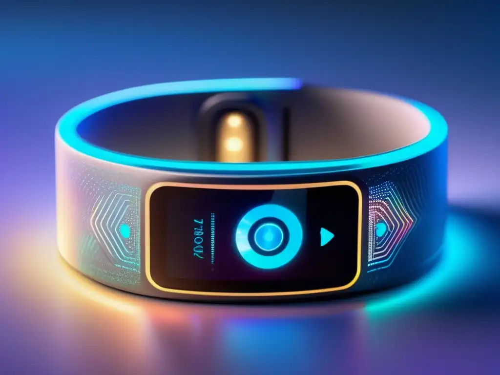 Una pulsera futurista con holograma proyectando datos de salud, integración con dispositivos y diseño avanzado. Pulseras de actividad para longevidad