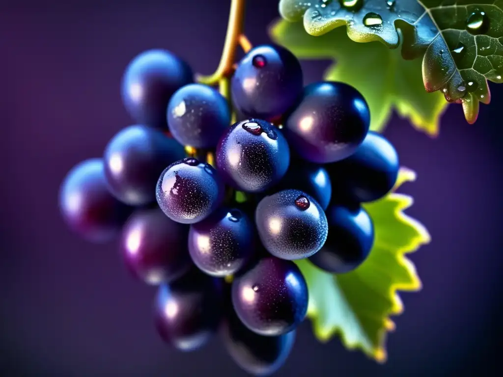 Cluster de uvas moradas con rocío: resveratrol natural Un racimo de uvas moradas con rocío, resaltando sus detalles y beneficios del resveratrol para longevidad.